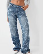 MAX FASHION Bow Print Wide Leg Jeans with Pockets-Blue