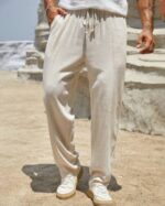 MEN SOLID COLOR DRAWSTRING WAIST SHUTTLE-WOVEN CASUAL PANTS - Image 2