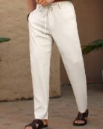 MEN SOLID COLOR DRAWSTRING WAIST SHUTTLE-WOVEN CASUAL PANTS