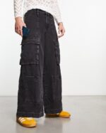 ASOS DESIGN extreme wide leg cargo jeans in washed black with panel detail - Image 4